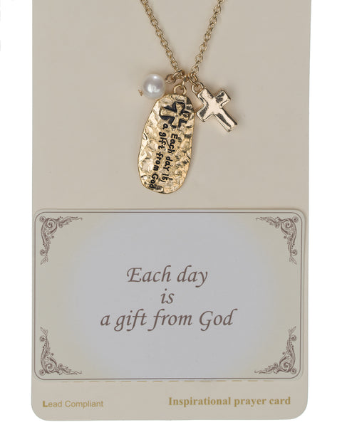 Hammered Cross Charm & Imitation Pearl Oval Pendant Necklace Each Day is a Gift From God