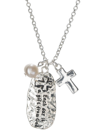 Hammered Cross Charm & Imitation Pearl Oval Pendant Necklace Each Day is a Gift From God