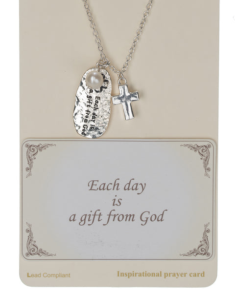 Hammered Cross Charm & Imitation Pearl Oval Pendant Necklace Each Day is a Gift From God