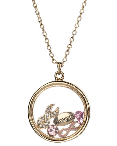 Pink Ribbon & Strength Floating Charm Locket Necklace