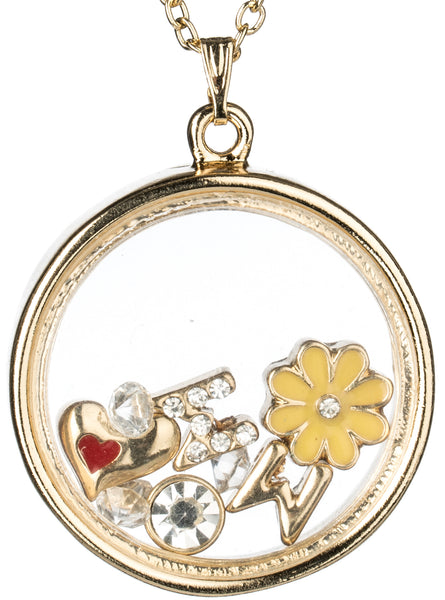 MOM Theme Heart & Yellow Flower Floating Charm Locket Necklace