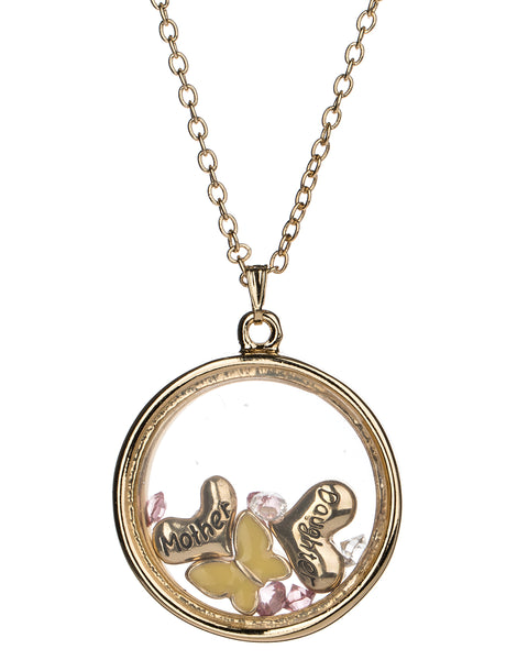 Mother & Daughter Theme Heart & Yellow Butterfly Floating Charm Locket Necklace