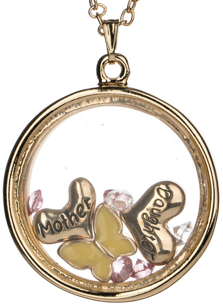 Mother & Daughter Theme Heart & Yellow Butterfly Floating Charm Locket Necklace