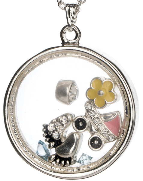 Baby Shower Theme Baby Carriage Little Feet Yellow Flower Floating Charm Locket Necklace