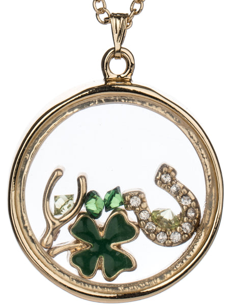 Irish Theme Clover Wishbone Horseshoe & Luck Floating Charm Locket Necklace