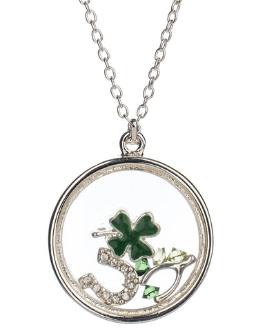 Irish Theme Clover Wishbone Horseshoe & Luck Floating Charm Locket Necklace