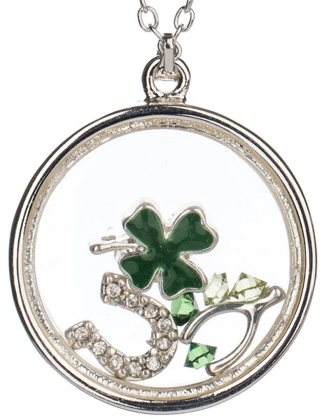 Irish Theme Clover Wishbone Horseshoe & Luck Floating Charm Locket Necklace
