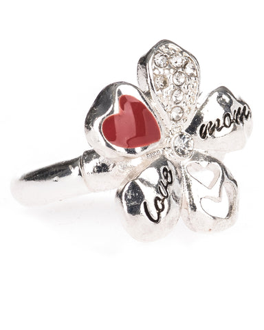 Silver-tone MOM Theme Red Heart Cut & Crystal Stretch Adjustable Ring