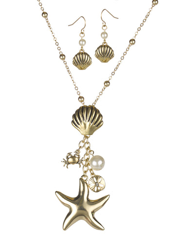 Starfish Sea Shell Sand Dollar & Imitation Pearl Earring Necklace Set - Jewelry Nexus