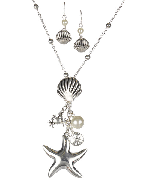 Starfish Sea Shell Sand Dollar & Imitation Pearl Earring Necklace Set - Jewelry Nexus