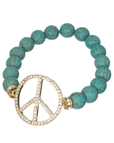 Gold-tone Peace Sign with & Bead Stretch Bracelet - Jewelry Nexus