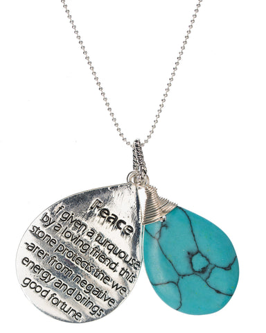 Silver-Tone Peace Blue Textured Glass Stone Friend Necklace Protect From Negative Energy Brings Good Fortune