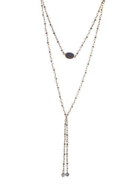 Vintage-Inspired Stone Pendant Two-Tier Long Bead Chain Lariat Necklace