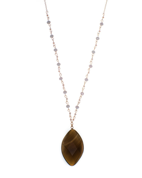 Glass Leaf Shaped Pendant Long Beaded Chain Necklace
