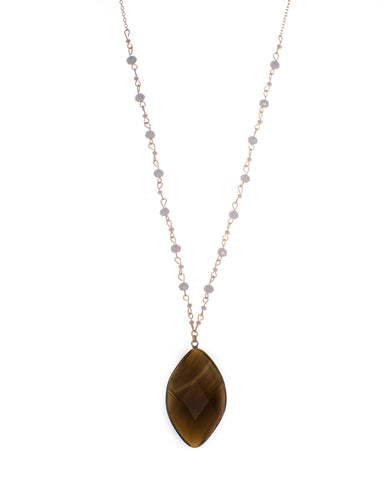 Glass Leaf Shaped Pendant Long Beaded Chain Necklace