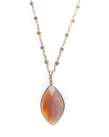 Glass Leaf Shaped Pendant Long Beaded Chain Necklace