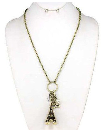 Eiffel Tower Paris Theme 36" Necklace with Pearl & Bow Ribbon by Jewelry Nexus