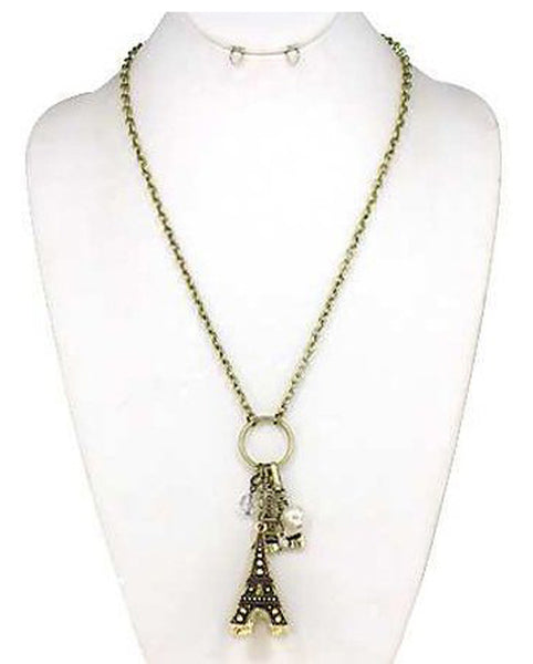 Eiffel Tower Paris Theme 36" Necklace Imitation Pearl & Bow Ribbon by Jewelry Nexus