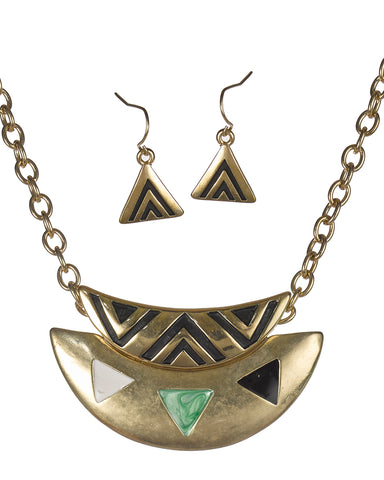 Chevron Theme Tribal Black & Green Gold-tone 18" Necklace Set Earrings in a Gift Box by Jewelry Nexus