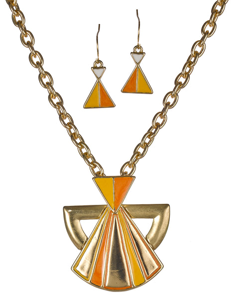 Chevron Theme Tribal Orange & Yellow Gold-tone 18" Necklace Set Earrings by Jewelry Nexus