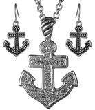 Anchor Pendant Necklace Nautical Theme with Rhinestones Set with Earrings by Jewelry Nexus