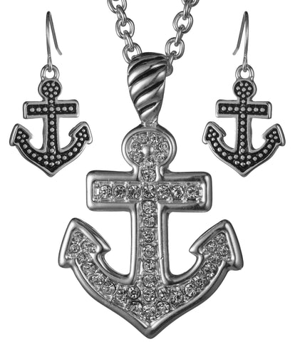 Anchor Pendant Necklace Nautical Theme with Rhinestones Set with Earrings by Jewelry Nexus