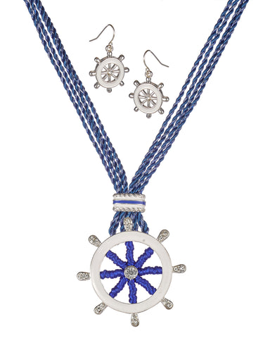 Nautical Theme Rudder Wheel Rope Necklace Set with Earrings in a Gift Box by Jewelry Nexus