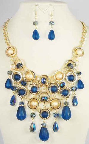 Cluster Tear Drop Glitter Ball Chunky Bib on Curb Necklace Set & Matching Earrings by Jewelry Nexus