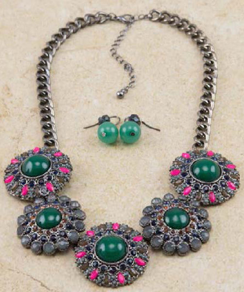 Multicolor Green Stone Bead Circle Bib Necklace & Earring Set by Jewelry Nexus