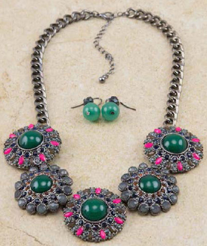 Multicolor Green Stone Bead Circle Bib Necklace & Earring Set by Jewelry Nexus