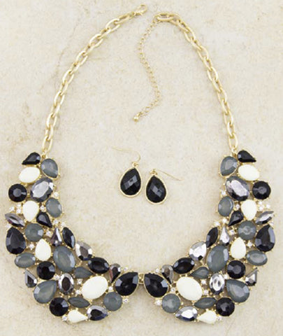Black & White Mirror Rhinestone Collar Choker Bib Gold-tone Necklace & Matching Earring Set