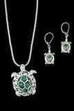 Green Abalone Turtle Pendant with a Wave Filigree Inlay & Matching Earrings Jewelry Nexus
