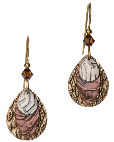 Hammered Three-tone Oxidized Stipple Textured Tear Drop Petal Layered Earrings by Silver Forest