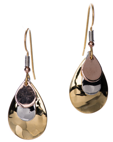 Hammered Three Tone Layered Tear Drop Earrings on Gold-tone Surgical Steel Earwire by Silver Forest