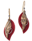 Hammered Red & Gold-tone Stipple Textured Leaf Drop Petal Layered Earrings by Silver Forest