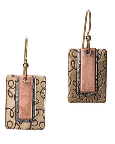 Hammered Three Tone Three Layered Rectangular Filigree Bar Earrings by Silver Forest