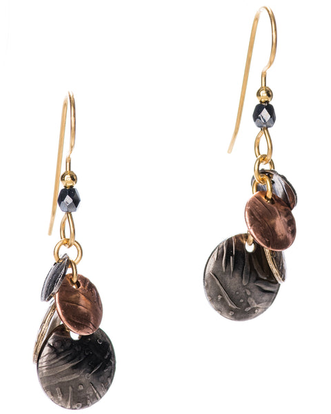 Textured Hammered Three-tone Oxidized Circular Layered Discs Earrings on Gold-tone Surgical Steel