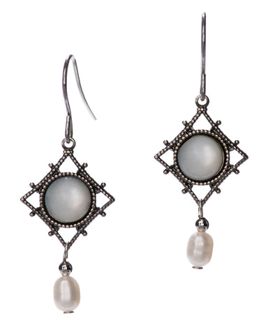Stipple Textured Rhomboid Mother of Pearl Bead Drop Earrings by Silver Forest