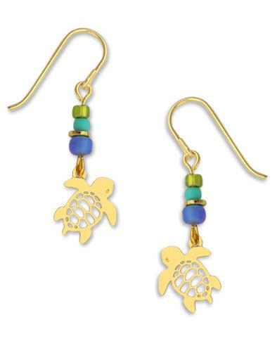 Sea Turtle Earrings Gold Tone Plate Filigree with Bead Stick, Handmade in the USA by Sienna Sky 1221