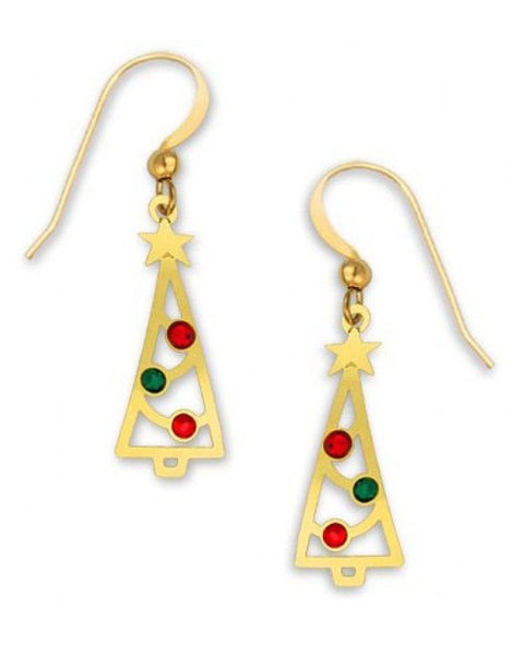 Christmas Tree Earrings Gold Tone Plate with Rhinestones, Handmade in the USA by Sienna Sky 1354