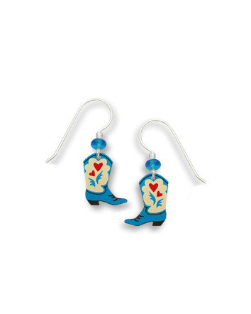 Blue Cowgirl Boots with red Heart Earrings, Handmade in USA by Sienna Sky si1396