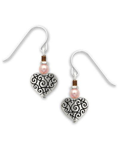 Heart Charm Drop Earrings with Scroll Work & Pink Bead, Handmade in the USA by Sienna Sky 1616