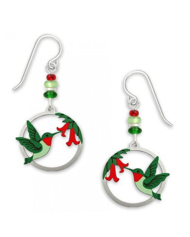 Hummingbirds & Flowers in Circular Frame Earrings Handmade in USA by Sienna Sky 1673