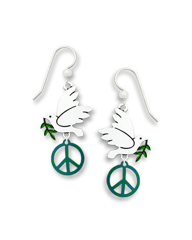 White Dove with Olive Branch Blue Peace Sign Earrings Handmade in USA by Sienna Sky 1689