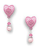 Pink Heart Post Earrings with Imitation Pearl Bead Drop Made in the USA by Sienna Sky 1730