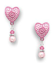 Pink Heart Post Earrings with Pearl Bead Drop, Handmade in the USA by Sienna Sky 1730