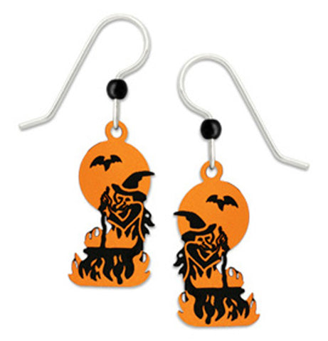 Halloween Witch with Flaming Cauldron Orange Moon & Bat Earrings by Sienna Sky