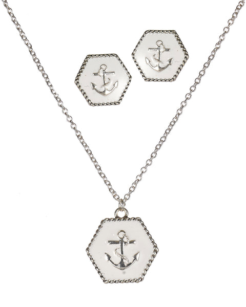 Nautical Theme Anchor Pendant Necklace Set with Stud Earrings by Jewelry Nexus